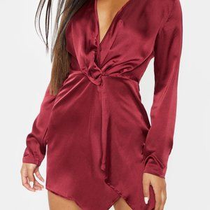 Burgundy Satin Long Sleeve Wrap Dress